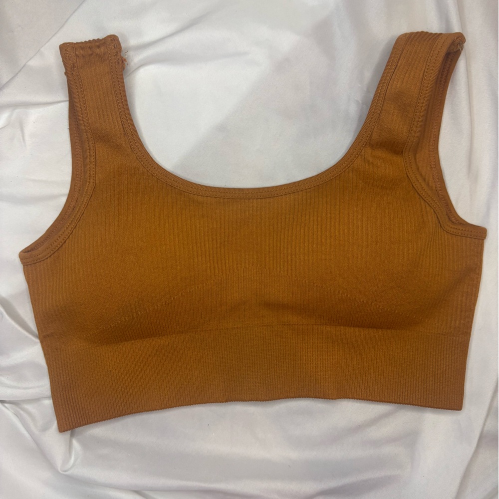 Seamless Ribbed Bralette - Tan size small sports bra top with removable cups